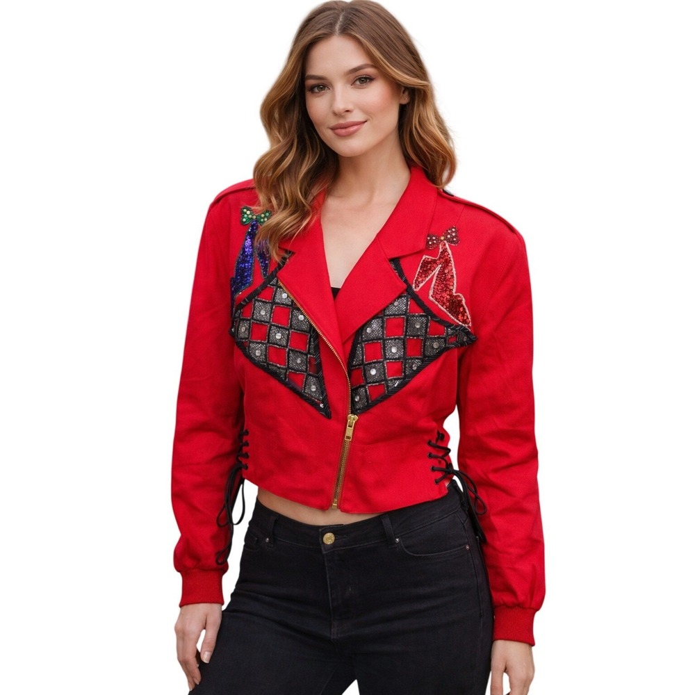 VTG Cache‎ Red Beaded Sequin Art to Wear Cropped Jacket Zip Front Made USA M/L